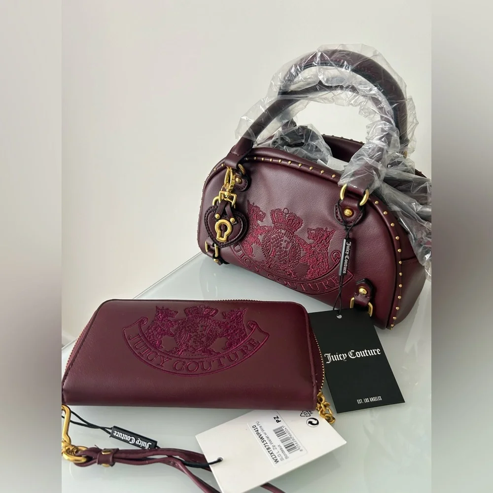 Juicy Couture UK burgundy leather Scottie Dog crest Bowler Bag Wallet Set